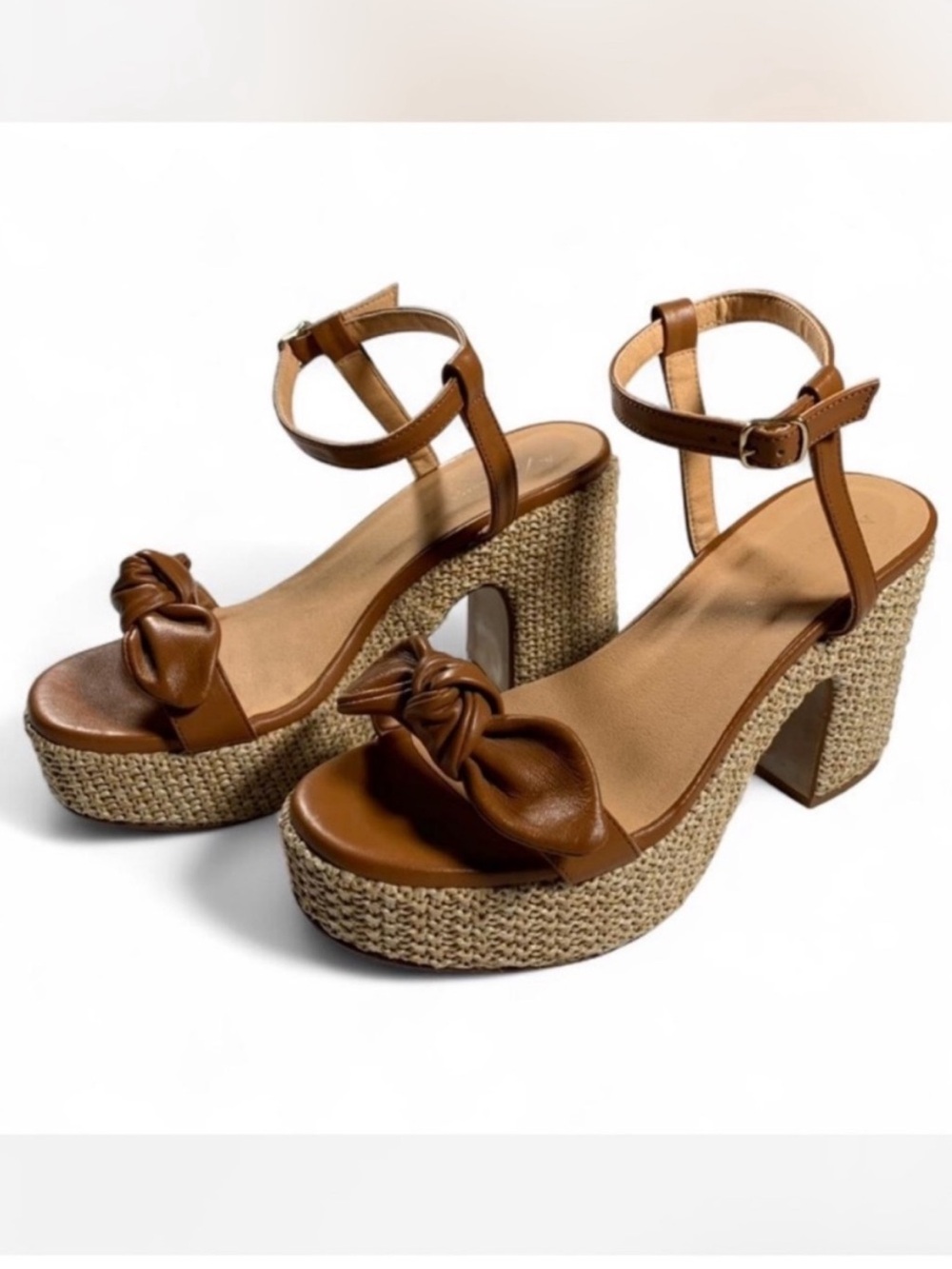 Anthropologie Bow Strap Platforms in Brown Leather Raffia Heel Cottage Whimsical